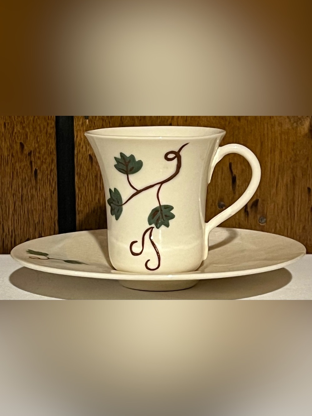 Vintage Cream Demitasse Teacup and Saucer with Green Leaf Vine Accent